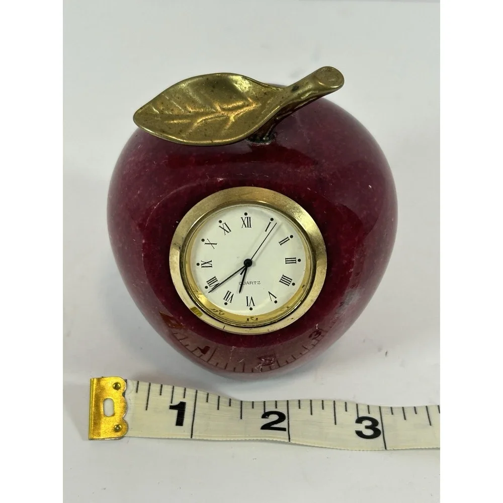 Vintage Red Apple Quartz Clock‎ Marble Alabaster Paperweight Desk Teacher